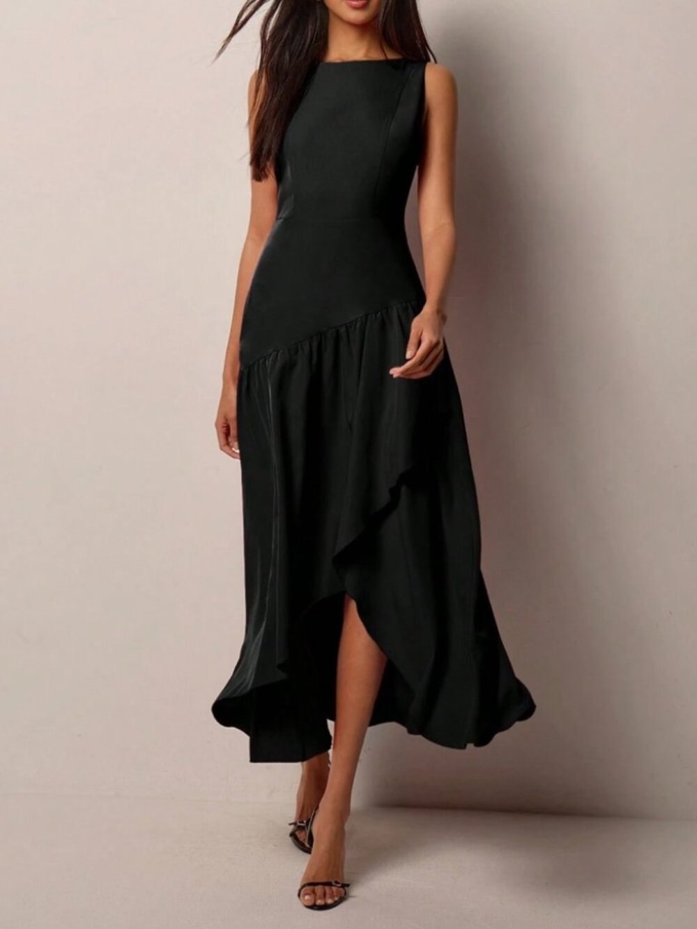 Black Ruffle Hem Asymmetrical Maxi Dress